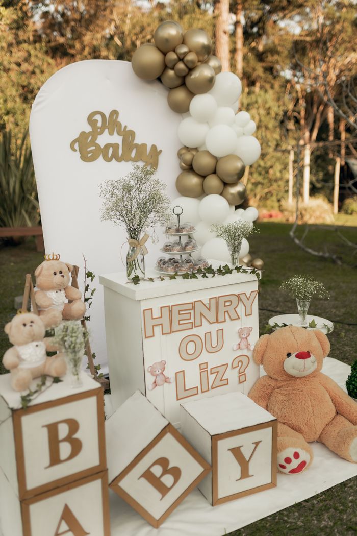 Crafting Captivating Headlines: Your awesome post title goes here Charming gender reveal setup featuring teddy bears and balloons with gold and white theme.